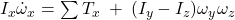 I_x\dot\omega_x = \sum_{}^{} T_x \:+\:(I_y-I_z)\omega_y\omega_z