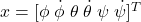 x=[\phi\;\dot{\phi}\; \theta \;\dot{\theta}\;\psi \;\dot{\psi}]^T